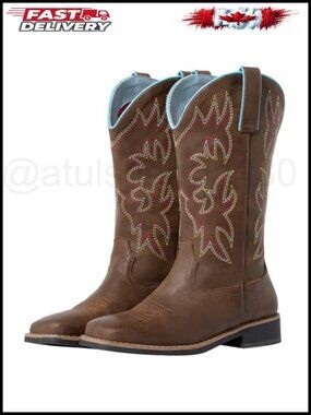 Wide Calf Cowboy Boots Square Toe Mid Calf Faux Leather Western Boots